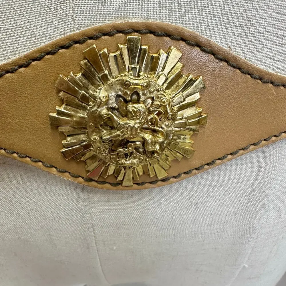 Vintage Suede Leather Waist Belt w/ Gold‎ Lion Medallion Statement Size Large